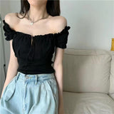 Women's Fashion Chic Collarbone Off-shoulder Design Drawstring Short Sleeve