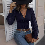 Women's Chiffon Stitching Solid Color Knitted Deep V Long Sleeve Top