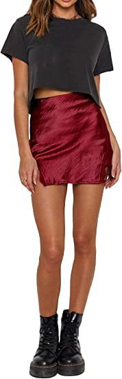 Women's Satin Lace Furcal Lower Hem Zipper High Waist Mini Skirt Hip Skirt