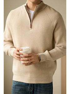 Stand Collar Half Zip Men's Solid Color Pullover Knitted Sweater