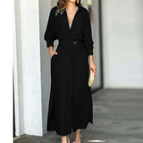 Women's Elegant Tied Solid Color Waisted Long-sleeved Shirt Dress