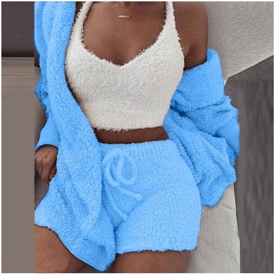 Winter Sexy Women Home Wear Suit Casual Pajamas Set Lady Female Soft Warm Long Sleeve Exposed Navel Vest Shorts Set