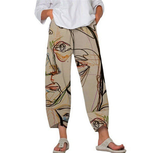 High Waist Gray Trousers Printed Stitching Loose Cropped Pants