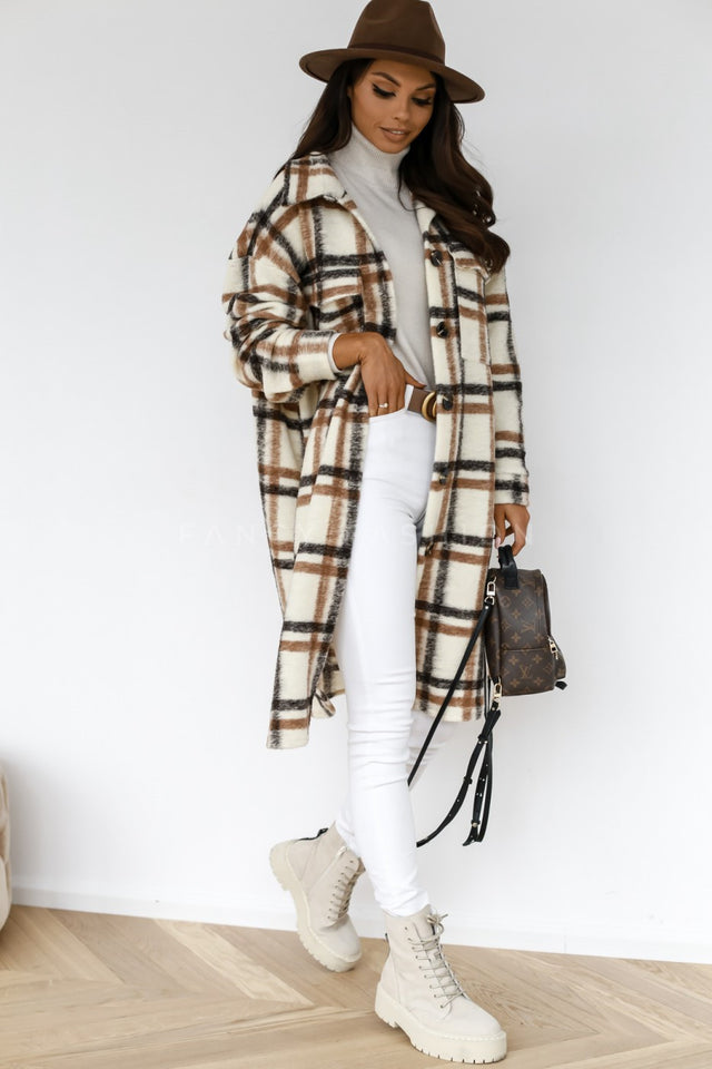 Button Lapel Casual Warm Plaid Long Woolen Coat