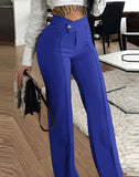 Slim Straight-leg Pants With Buckle Fashion Solid Color Trousers For Womens Clothing