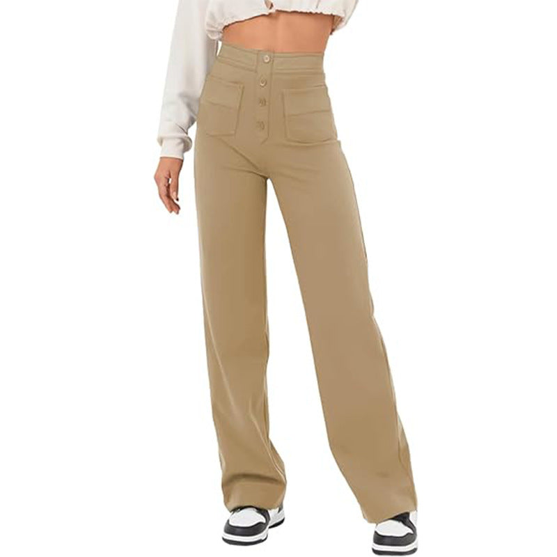 High Waist Trousers With Pockets Casual Loose Wide Leg Button Straight Pants Women's Clothing