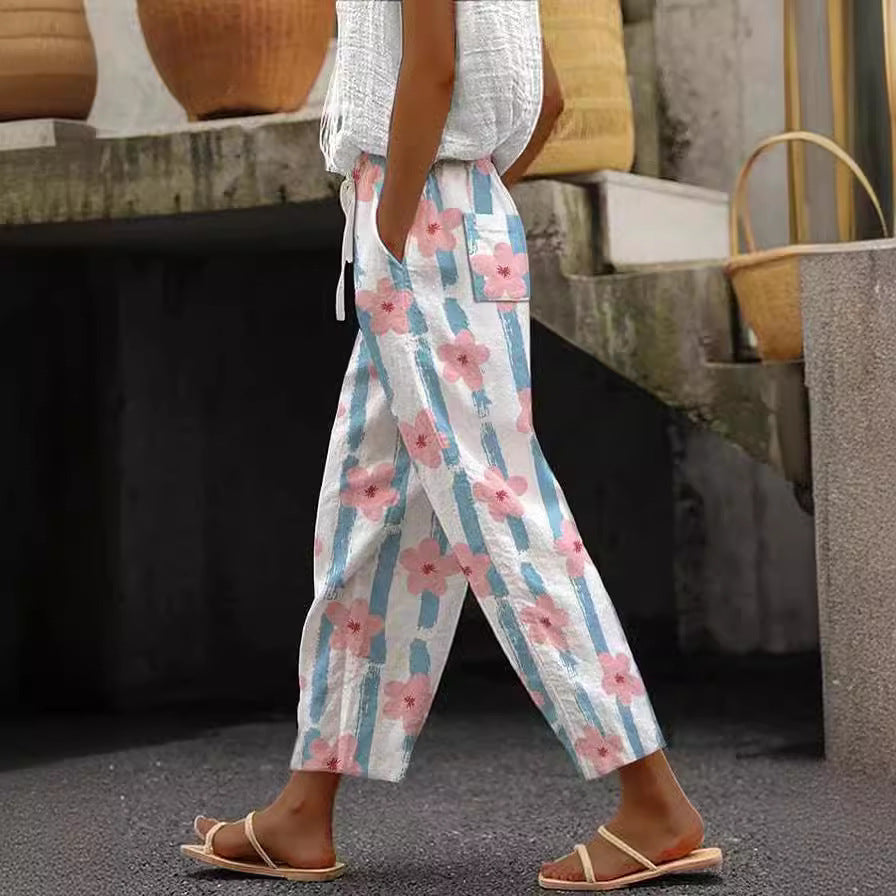 Pocket Casual Printed Elastic Waist Cropped Straight Pants