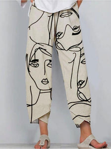 High Waist Gray Trousers Printed Stitching Loose Cropped Pants