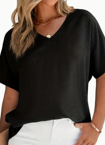 Solid Versatile Blouse, Casual V Neck Short Sleeve Blouse, Women's Clothing