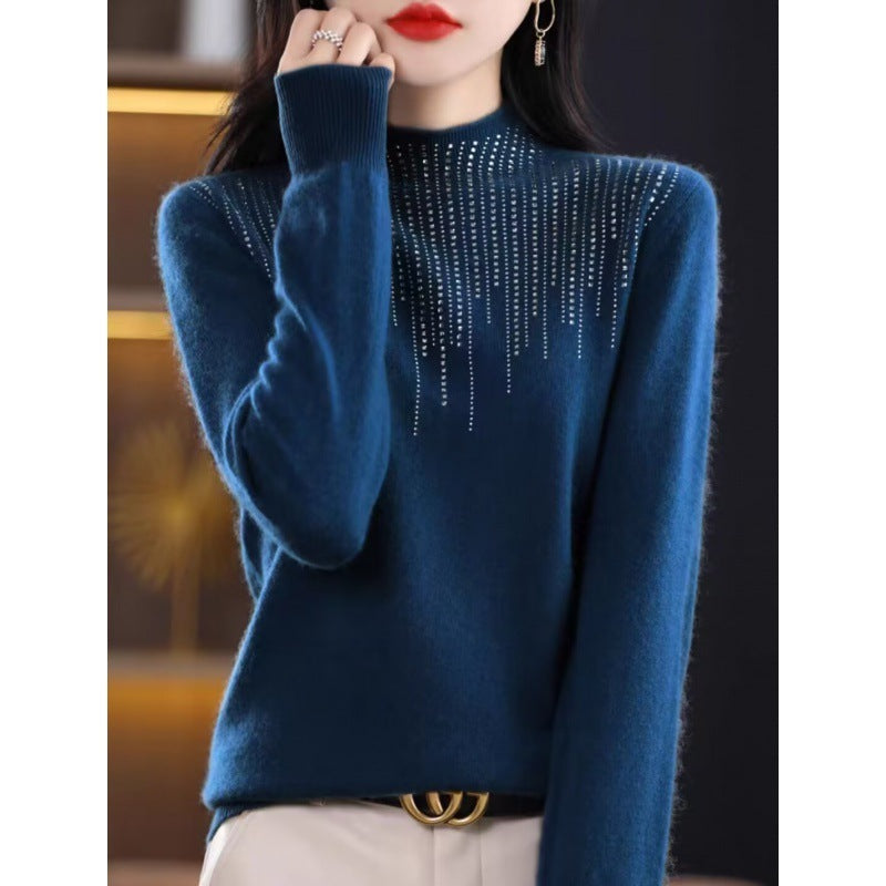 Women's Diamond-embedded Half-turtleneck Wool Sweater Bottoming Shirt