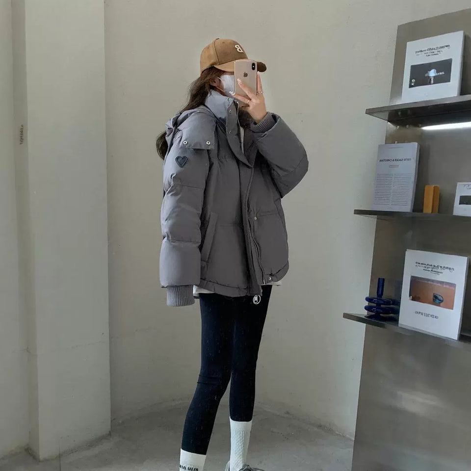 Gray With Heart Short Down Jacket Plus Size Women's Bread Coat