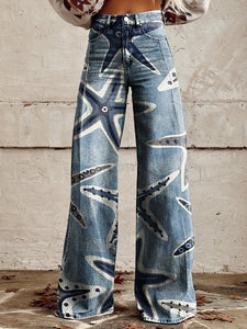 Wide-legged Pants Thermal Transfer Bell-bottom Pants Simulation Denim Trousers