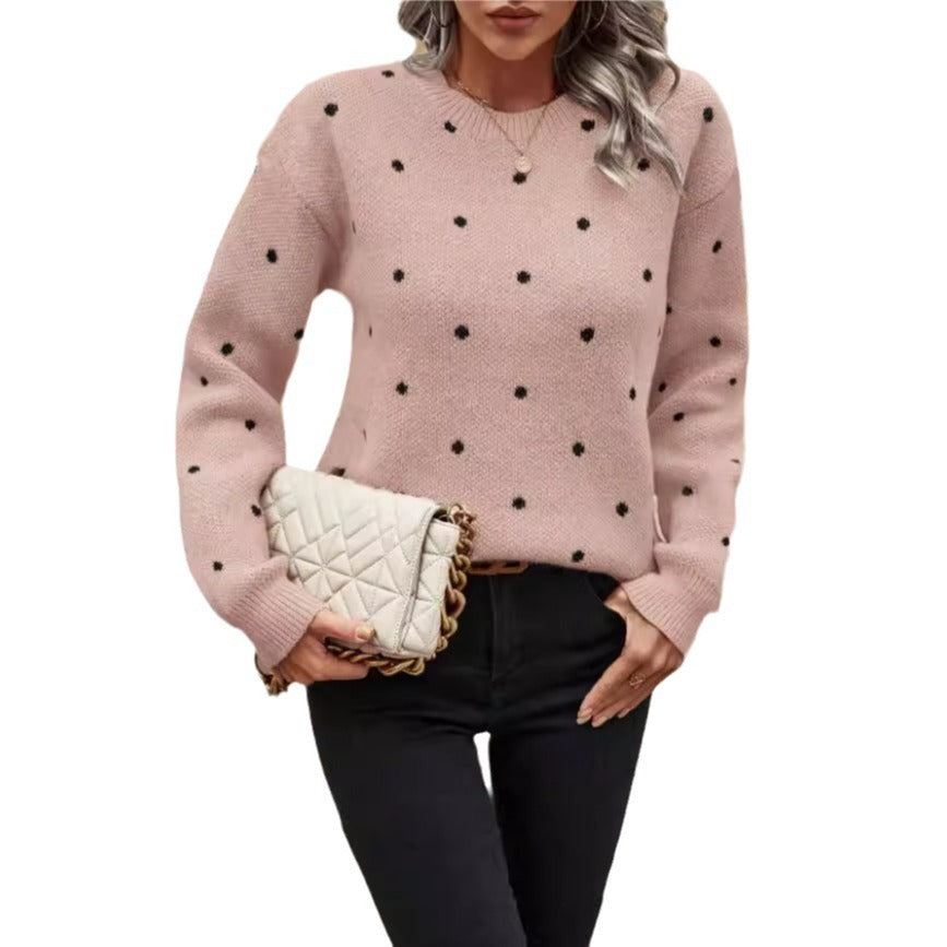 Fashion Round Neck Polka Dot Jacquard Long Sleeve Pullover Sweater