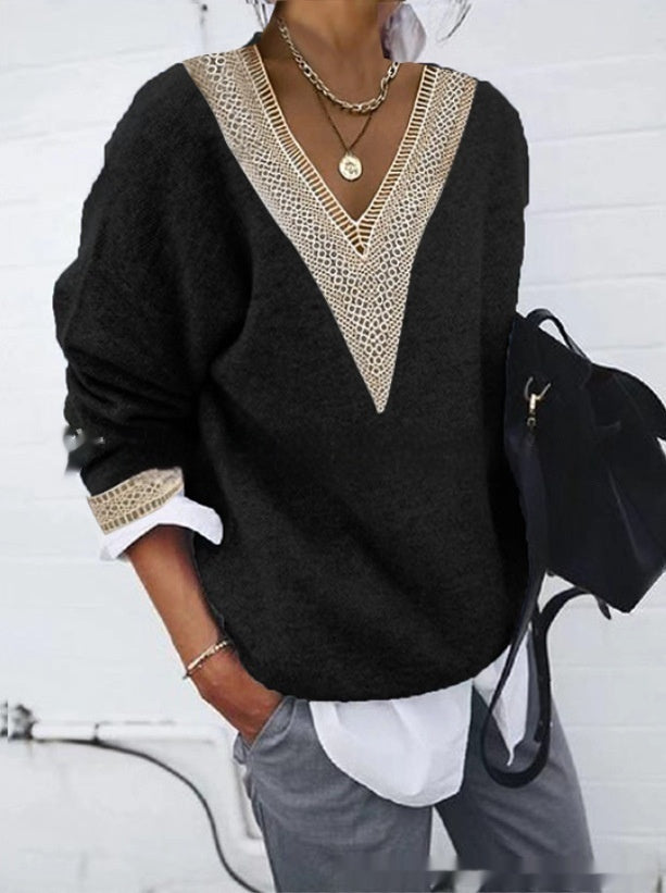 Long Sleeve Lace Collar Solid Color Knitted Sweater