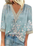 Wear Loose New Floral Print Stitching Lace Half Sleeve V-neck T-shirt