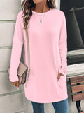 Women's Solid Color Long Sleeve Loose Round Neck Pocket Top T-shirt