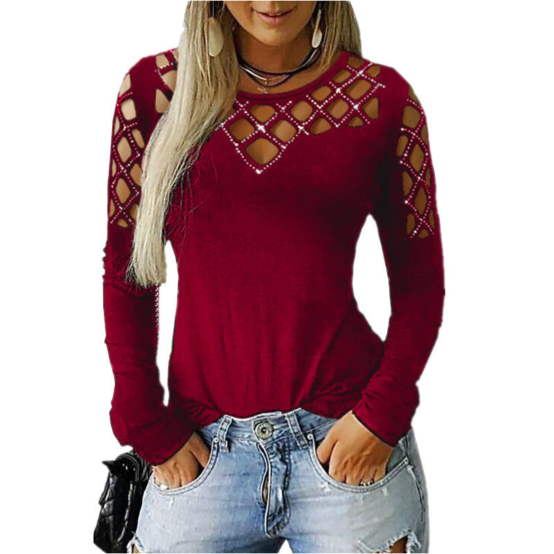 Hollow-out Rhinestone Long-sleeved T-shirt Top For Women