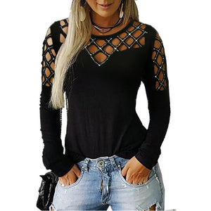 Hollow-out Rhinestone Long-sleeved T-shirt Top For Women