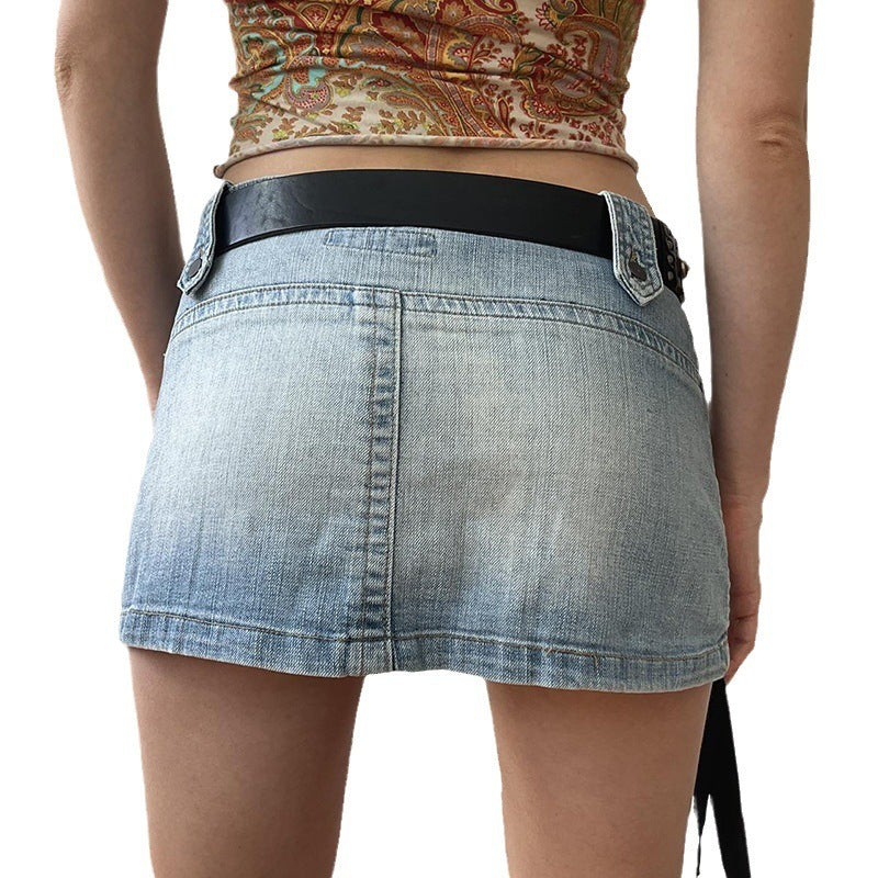 American Street Style Asymmetric Pocket Design Low Waist Denim Skirt