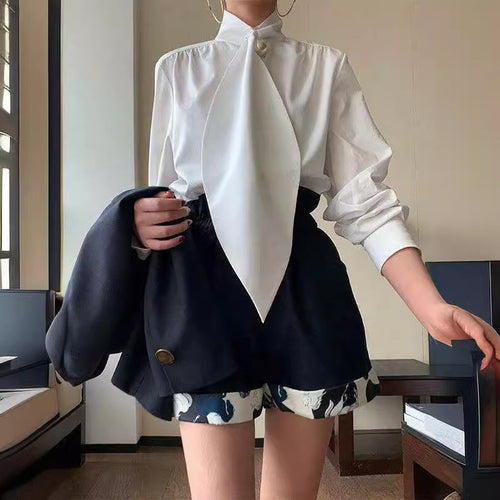 Women's Original Design Inspiration Designer Model Top Shirt Women's Long Sleeve Loose Lapels White Black Blue