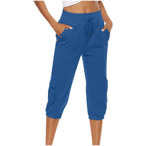 Women's Cropped Pants Cotton Linen Cargo Pocket Casual Pants