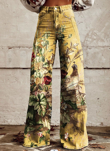 Fashion Women's Printed High Waist Loose Thin Imitation Denim Wide Leg Pants