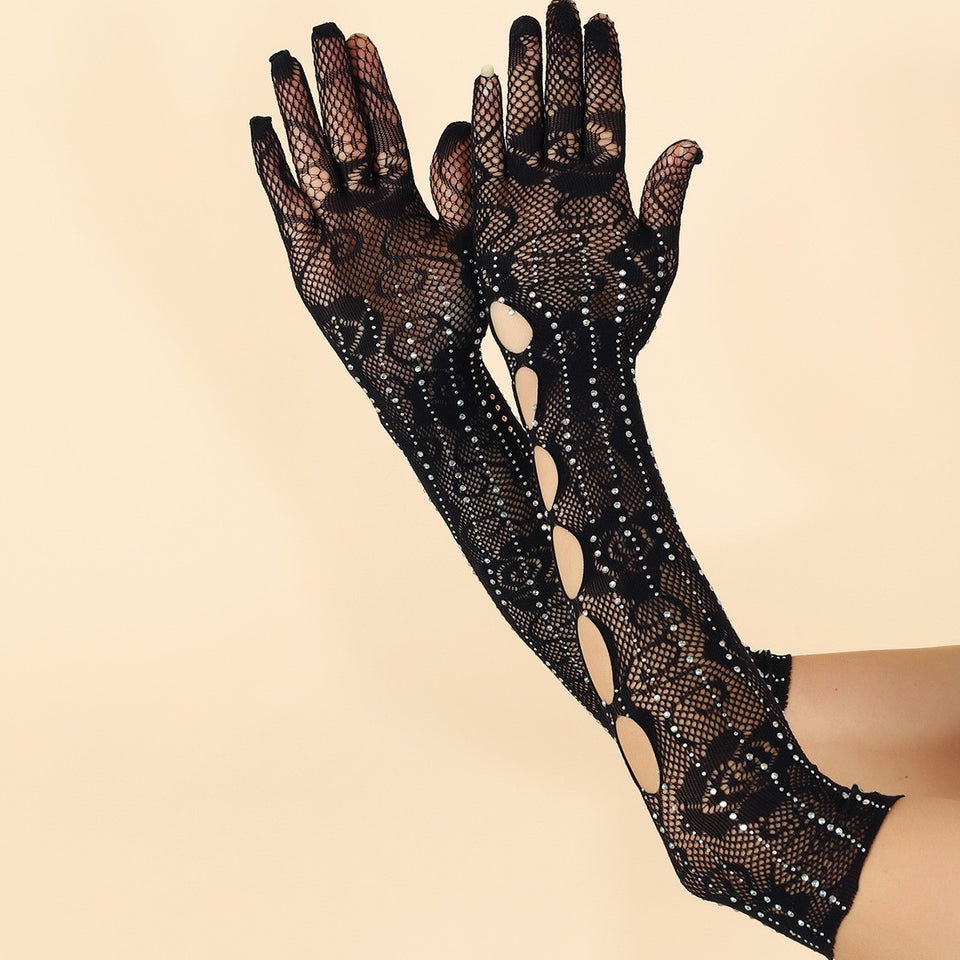 Long Dark Black Fishing Net Rose Gloves