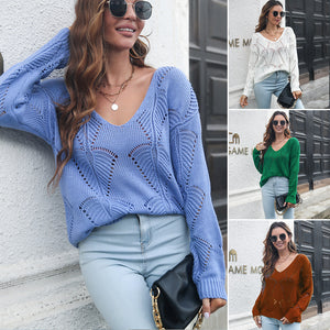 Women's Hollow-out Leaf V-neck Long-sleeved Knitted Sweater