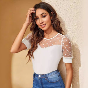 Women's Mesh Polka Dot Stitching Short Sleeve