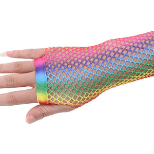 Rainbow Color Sexy Fishnet Half-finger Long Net Gloves