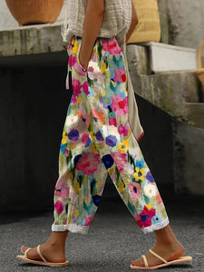 Pocket Casual Printed Elastic Waist Cropped Straight Pants