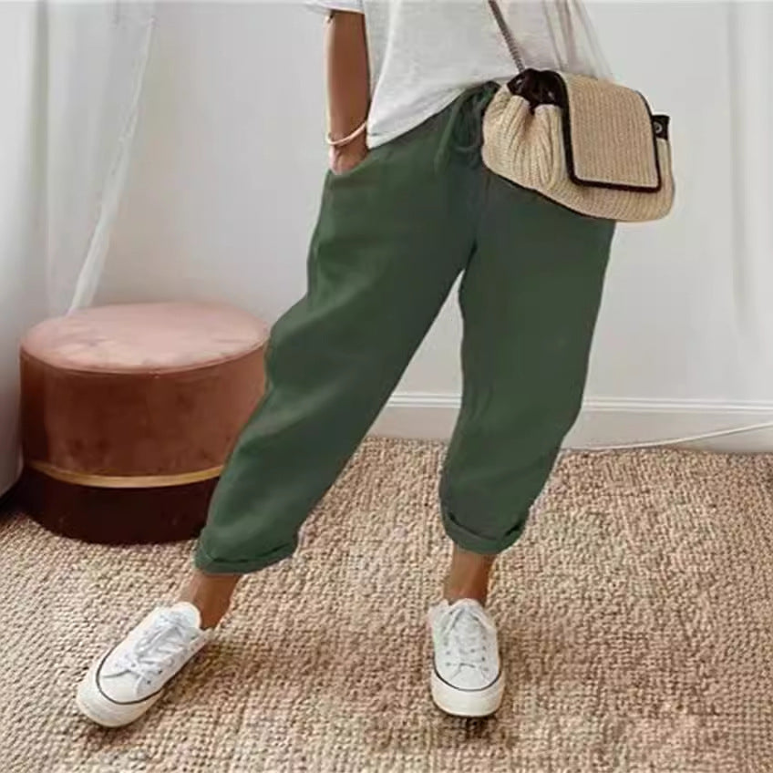 Cotton Linen Elastic-waist Cropped Pants Casual Women's Pants