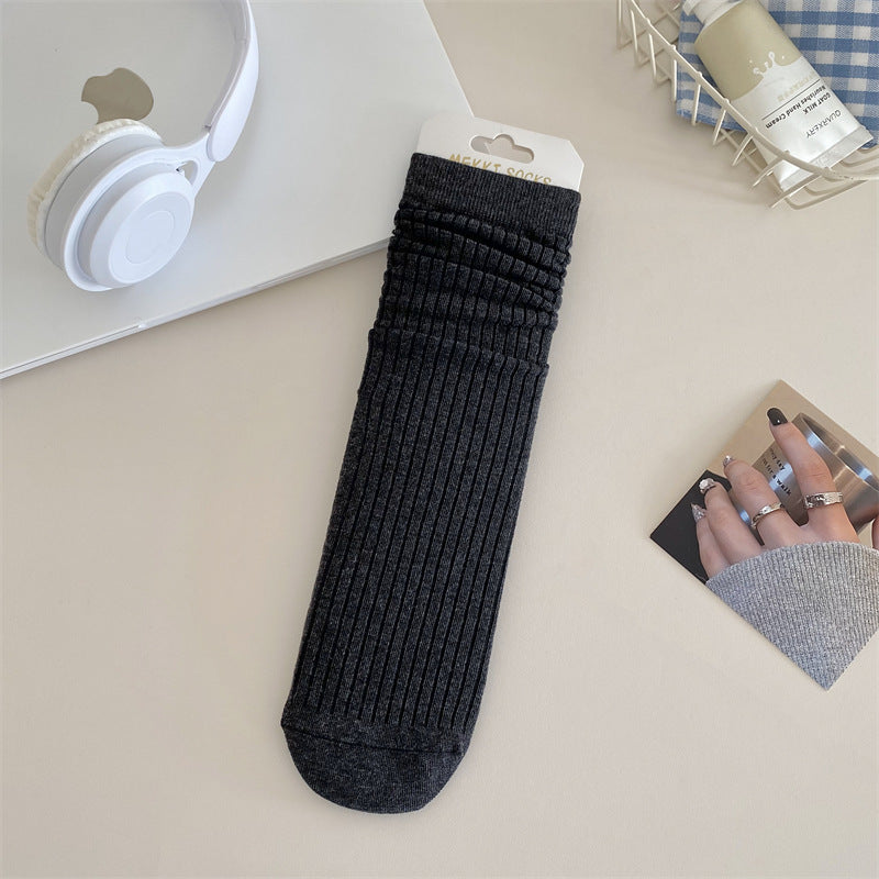 Solid Color Yarn Sunken Stripe Women White Tube Bunching Socks Women