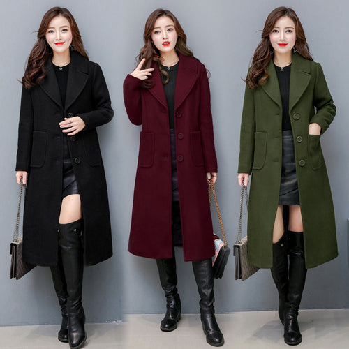 Fashionable Over-the-knee Woolen Women's Slim And Slim Long Woolen Coat