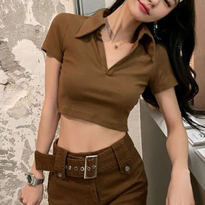 Hot Girl Slim V-neck Short-sleeved T-shirt For Women