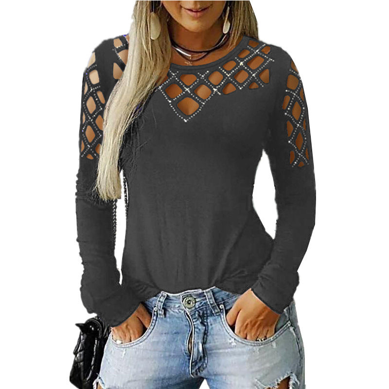 Hollow-out Rhinestone Long-sleeved T-shirt Top For Women