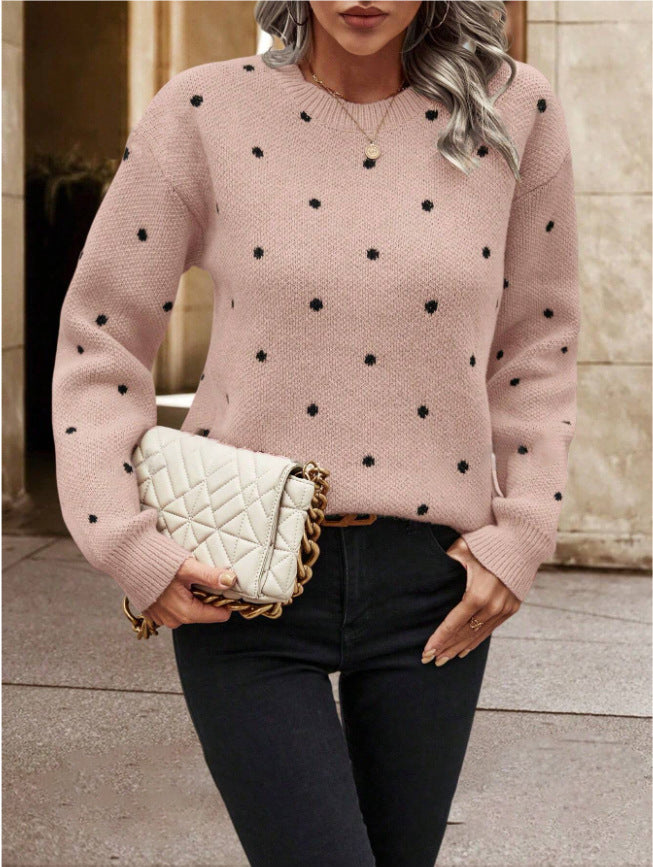 Fashion Round Neck Polka Dot Jacquard Long Sleeve Pullover Sweater