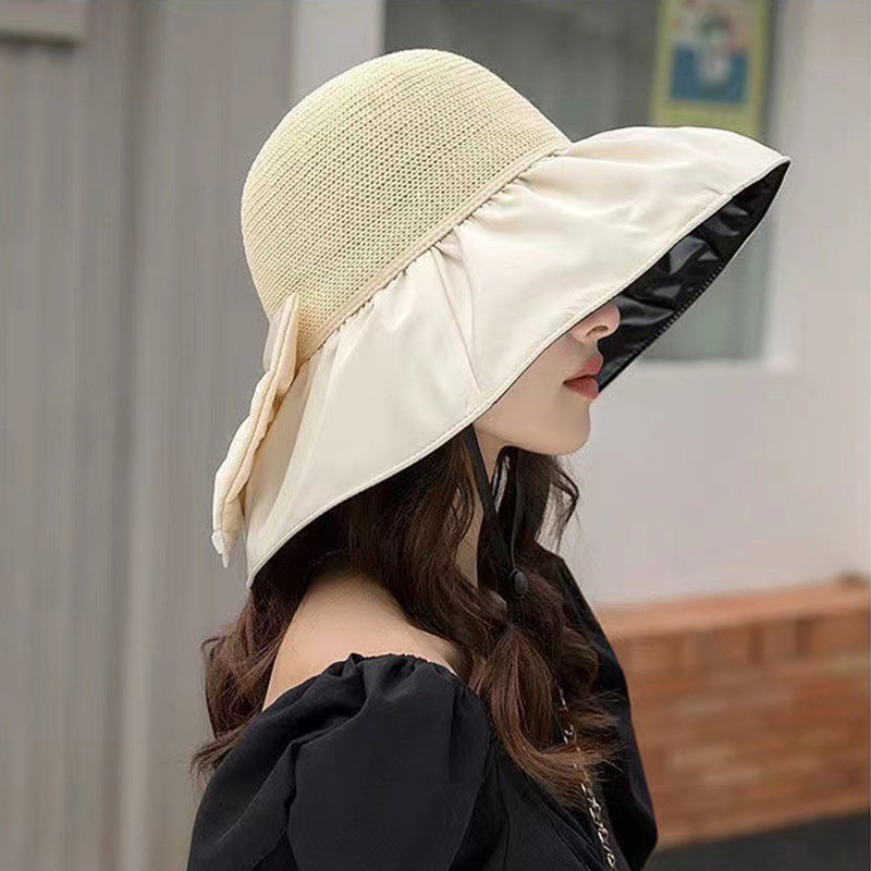 Summer Straw Sunhat With Large Brim And Big Bow Anti-UV Fisherman Hat Outdoor Sunshade And Face Protection Hat