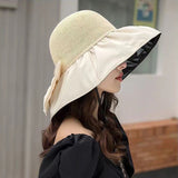 Summer Straw Sunhat With Large Brim And Big Bow Anti-UV Fisherman Hat Outdoor Sunshade And Face Protection Hat