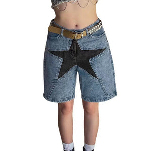 Loose Contrast Color Five-pointed Star Patch Denim Pants