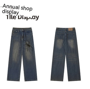 Retro High Street Niche Design Spider Printed Fashion Brand Washed Wide Leg Jeans