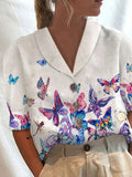 Women's Stand Collar Button Casual Half-sleeve Cotton And Linen Printed Short-sleeved Shirt