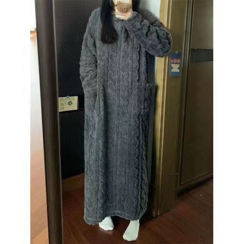 Winter Coral Fleece Sleepwear Women's Nightgown Long Night Dress Pajamas With Pockets Thickened Jacquard Dress Warm Home Clothes