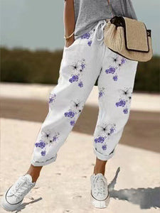 Cotton Linen Elastic-waist Cropped Pants Casual Women's Pants