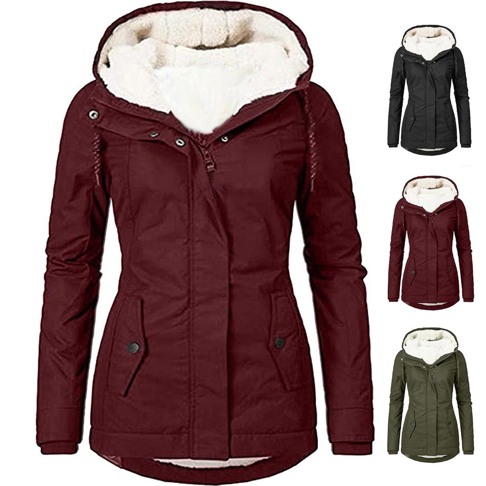 Solid Color Pocket Long-sleeve Zipper Fleece Padded Coat Women