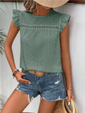 Round Neck Lace Solid Color Ruffled Short Sleeve