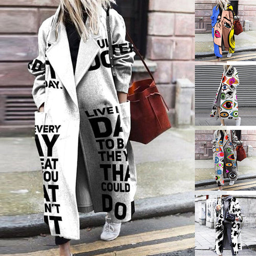 European And American Fashion Style Women's Autumn And Winter Print Long Coat With Long Sleeves