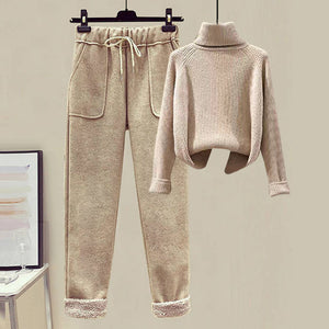 Lamb Wool Fur Sweater Casual Pants Three Piece Set Fashion Suit Women