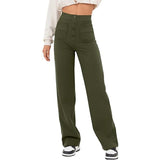 High Waist Trousers With Pockets Casual Loose Wide Leg Button Straight Pants Women's Clothing