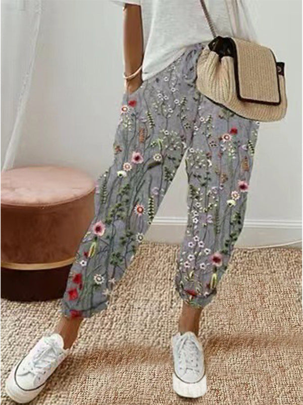 Cotton Linen Elastic-waist Cropped Pants Casual Women's Pants